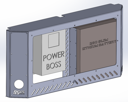 Metal enclosure with 'Power Boss' and '230 SLIM LITHIUM BATTERY' labels on a white background